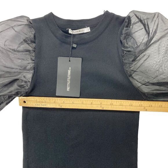 Pretty Little Thing Mini Dress Women Sz M/L Black Sheer Puff Sleeve Elegant Chic - Picture 9 of 16